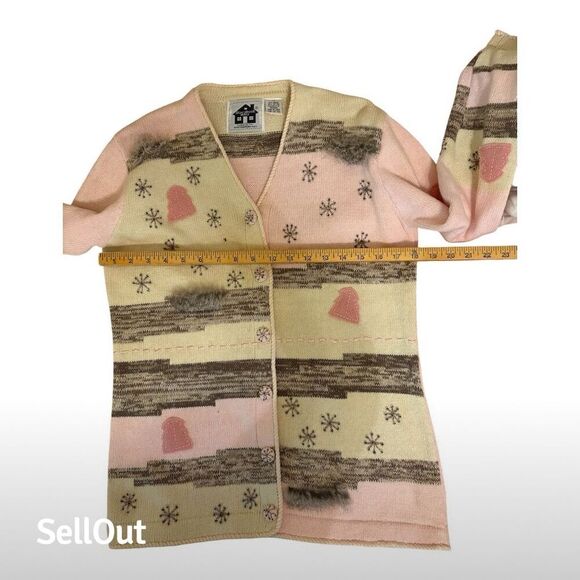 Storybook Knits Women's XS Cream Pink and Gray Embellished Cardigan Sweater - Picture 5 of 6